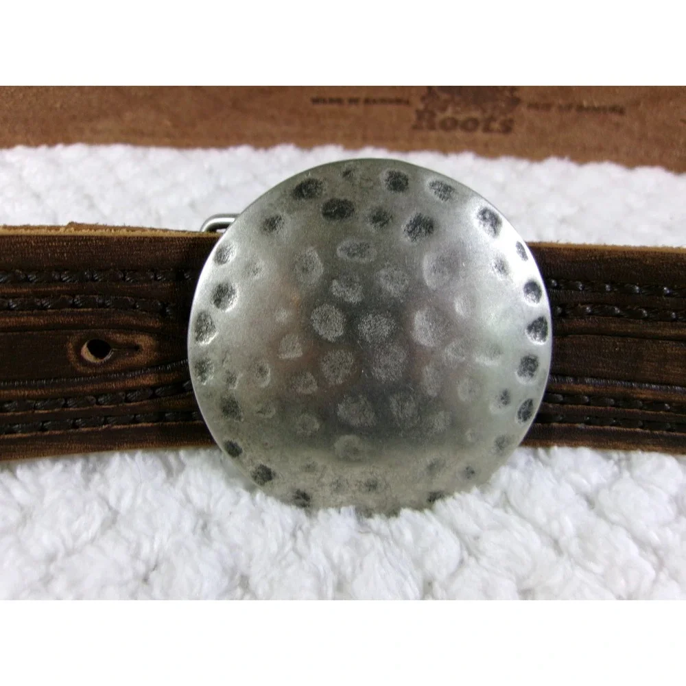 Roots Womens 32 Leather Belt Brown Embossed Hammered Silver‎ Disc Buckle Canada